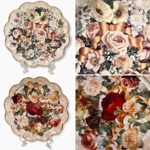Franklin Mint VTG Set of 2 Plate Porcelain 24 Kt Gold Trim Bouquet Limit Edition